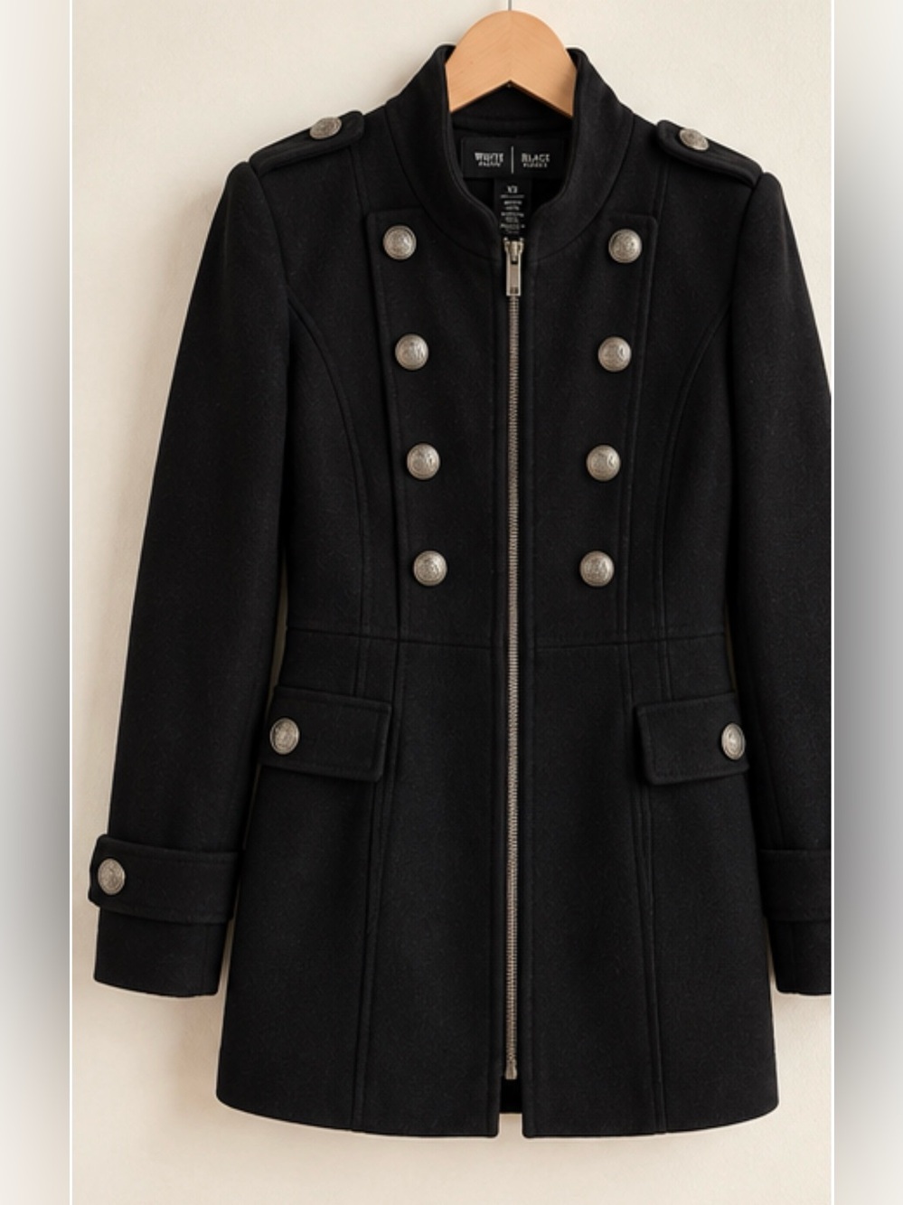 White House Black Market Black Military Jacket Coat Silver Buttons XS